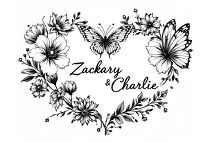 flowers, heart and butterfly with name Zackary and Charlie tattoo idea