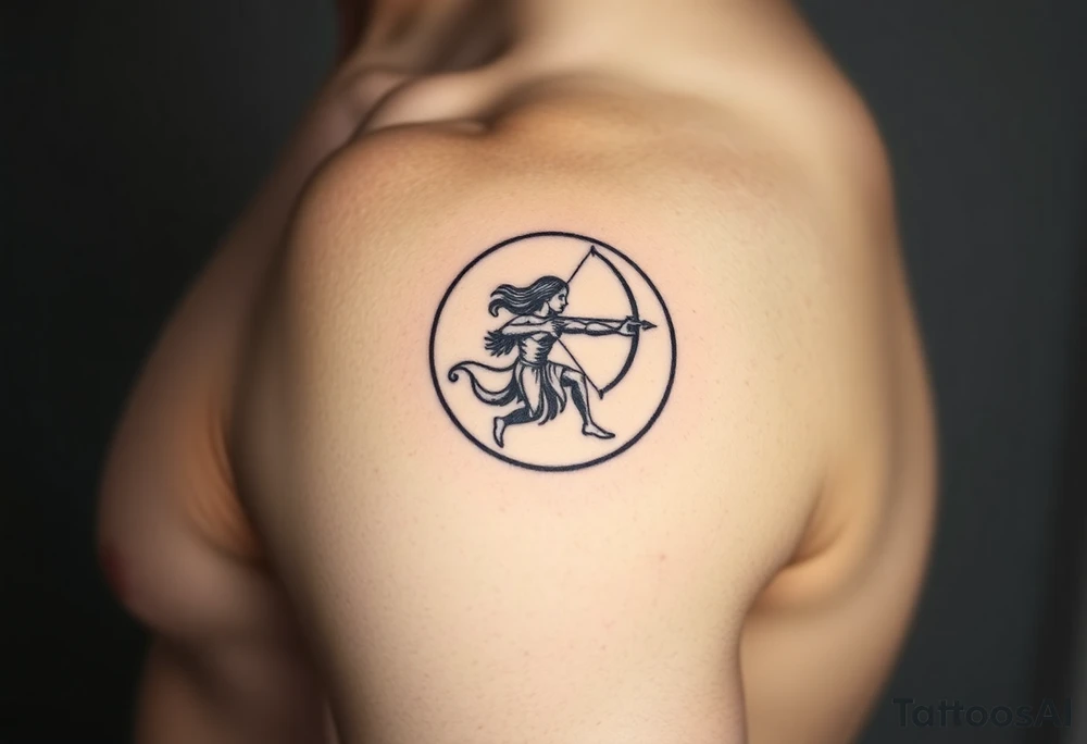A black-ink Sagittarius figure inside a minimalist crescent moon, accented with a single silver shooting star tattoo idea