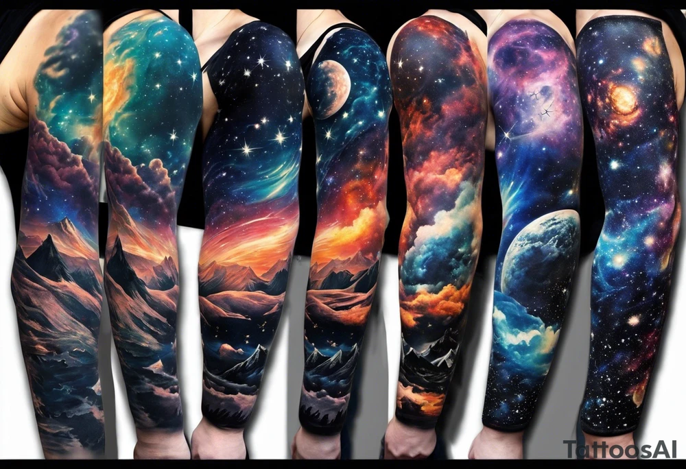 I have multiple tattos but i am getting a sleeve done on my arm.
I want the sleeve to be only about time space continuum, purpose, desire and ambition linked to it. I want the concept to me about how miniscual we are in this universe but how we feel big and lose perspective and a sense of purpose. I also want Shiva to be added to the tattoo as shiva is considered the destroyer which scientifically goes back to big bang. SO create a tattoo for me in geometric design for my whole right arm tattoo idea