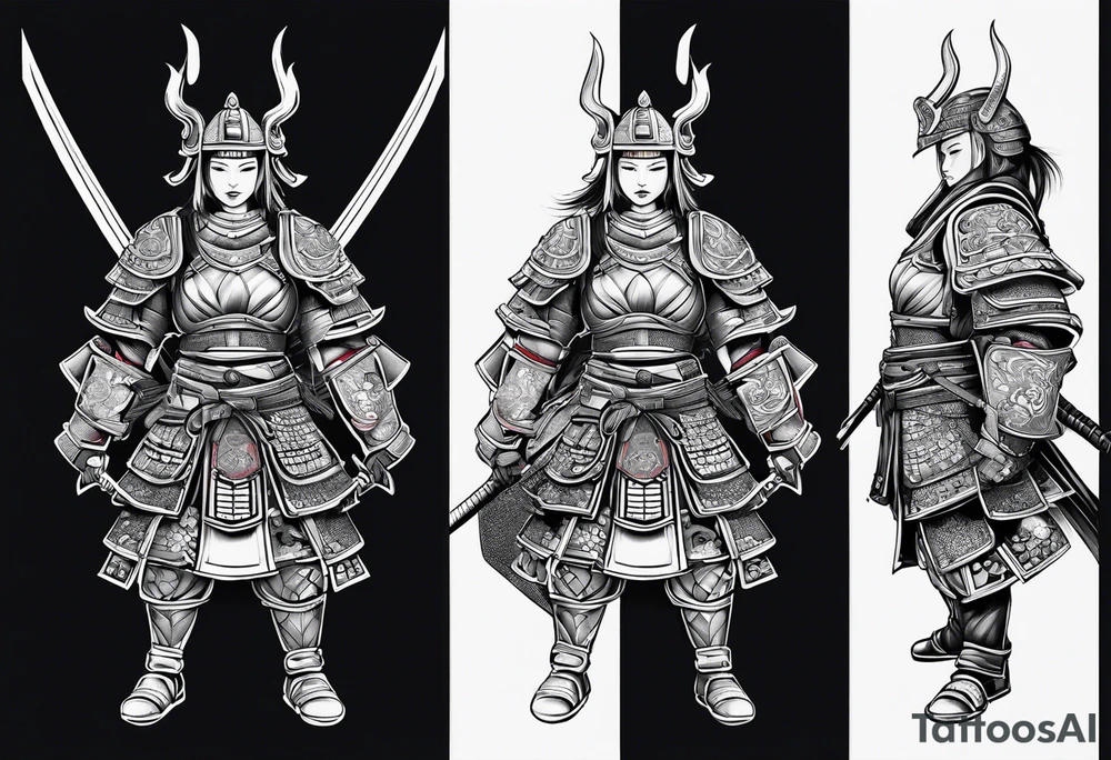 female shogun style warrior in full armour tattoo idea