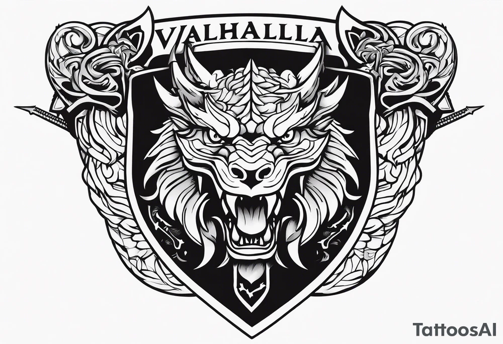 Valhalla sword shield dragon head axe tattoo idea