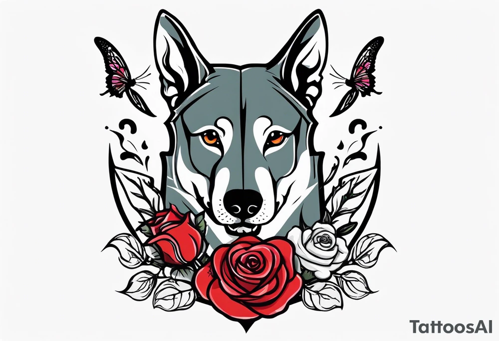 Rose with Dagger, Wolf, Butterfly, "Nice Try", vinyl record, 444 Angel, Hour Glass, Bull Terrier Portrait tattoo idea