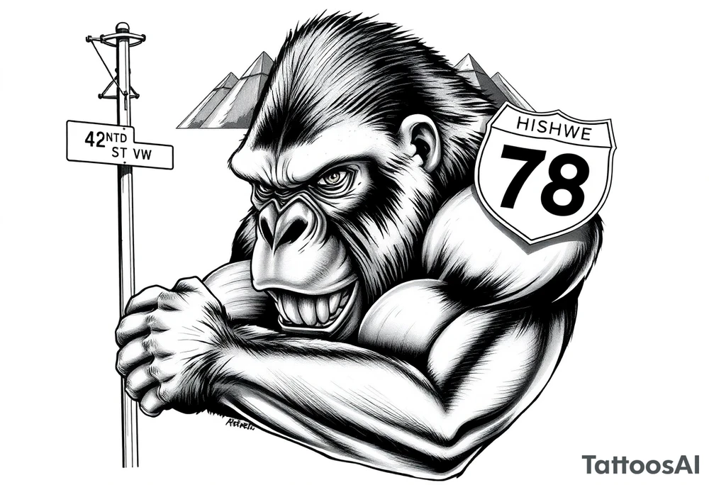 powerful aggressive gorilla with a street sign with a pole on the left that says 42nd st w, a highway sign on the right that says highway 78 and pyramids above the ape’s head that have snow on them all in close proximity. tattoo idea