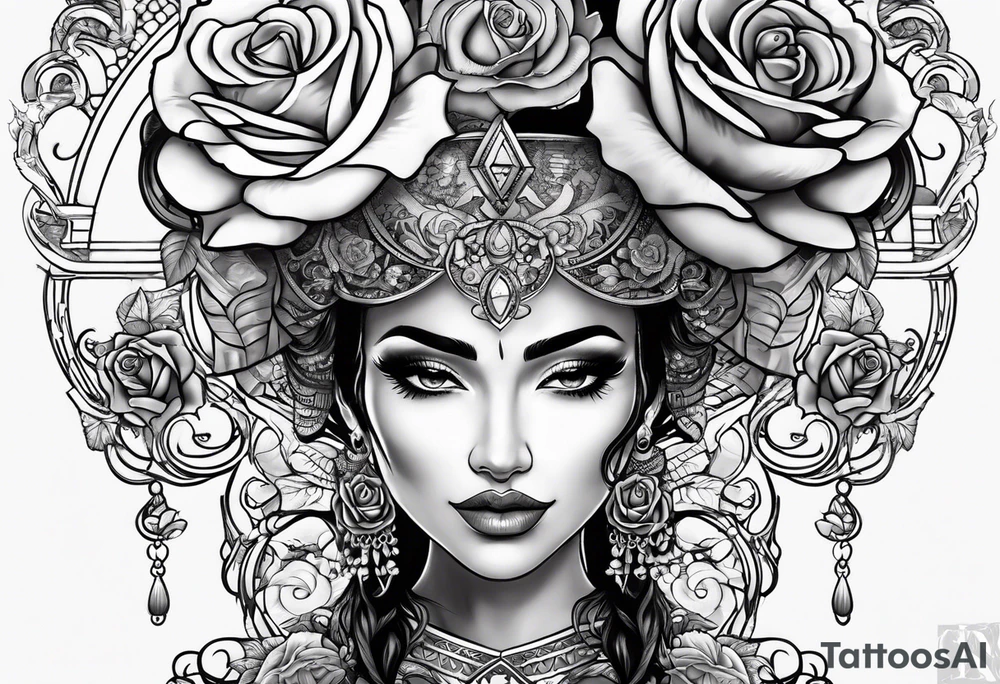 Hispanic/ Latin  woman GODDESS with half skull face, roses, loving heART, strength,  cancer zodiac , time heals all tattoo idea