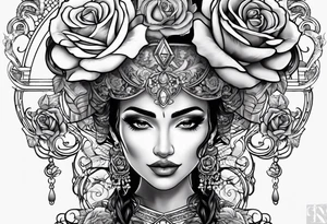 Hispanic/ Latin  woman GODDESS with half skull face, roses, loving heART, strength,  cancer zodiac , time heals all tattoo idea