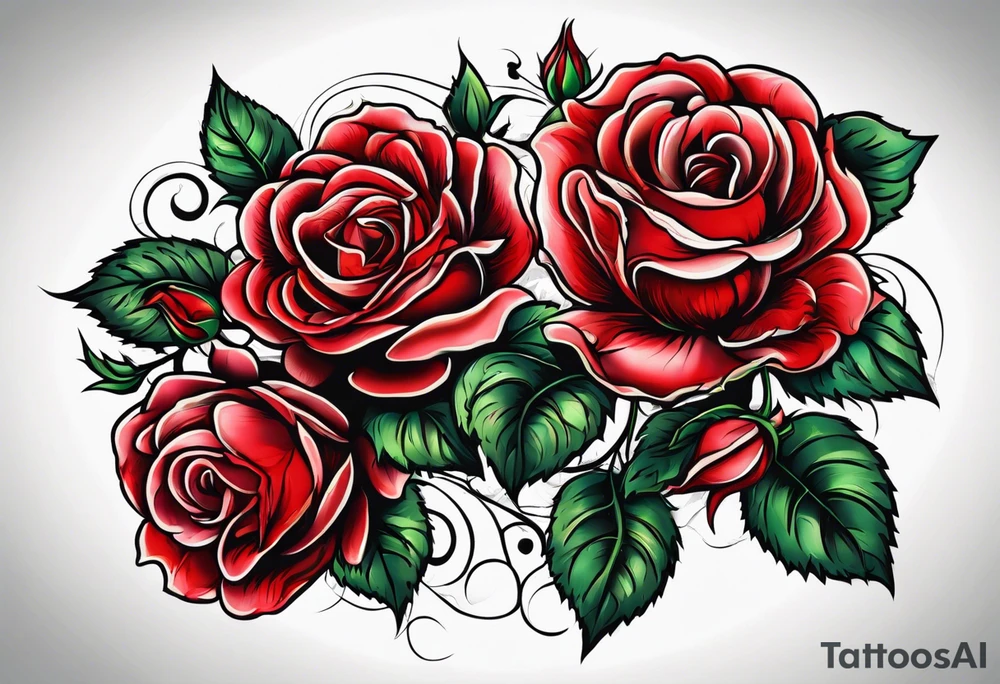 old school roses, red, highly detailed tattoo idea