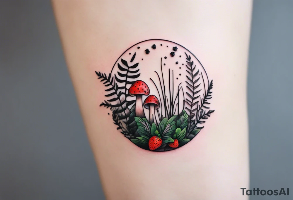 minimalistic forest floor inspired tattoo, which includes grass, curly ferns and dead leaves as the bulk of the tattoo. details to include: three  tiny strawberries, couple of very small mushrooms, a tiny bumblebee flying nearby tattoo idea