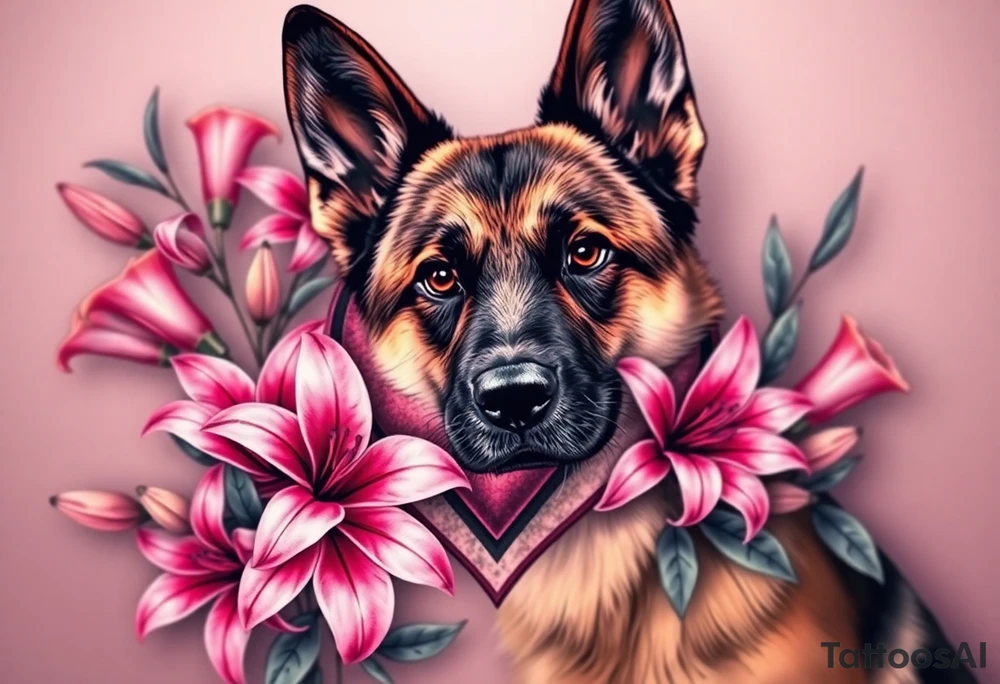 realistic german shepherd with alert ears looking protective surrounded by pink lilies with leaves in front of a sacred heart tattoo idea