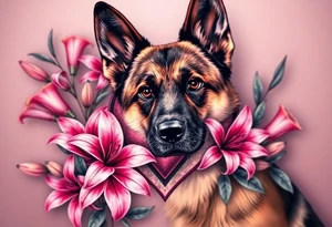 realistic german shepherd with alert ears looking protective surrounded by pink lilies with leaves in front of a sacred heart tattoo idea