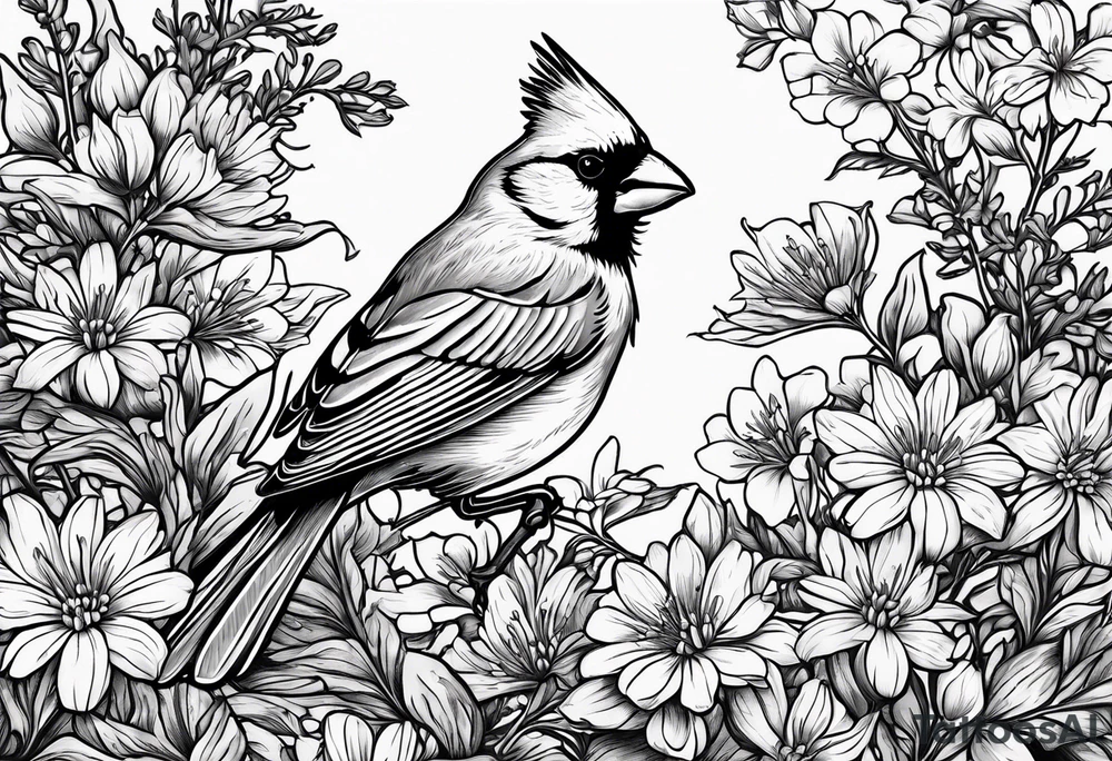 Aster flowers and sea rocket flowers with a cardinal around the words Dad tattoo idea