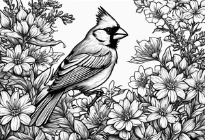 Aster flowers and sea rocket flowers with a cardinal around the words Dad tattoo idea