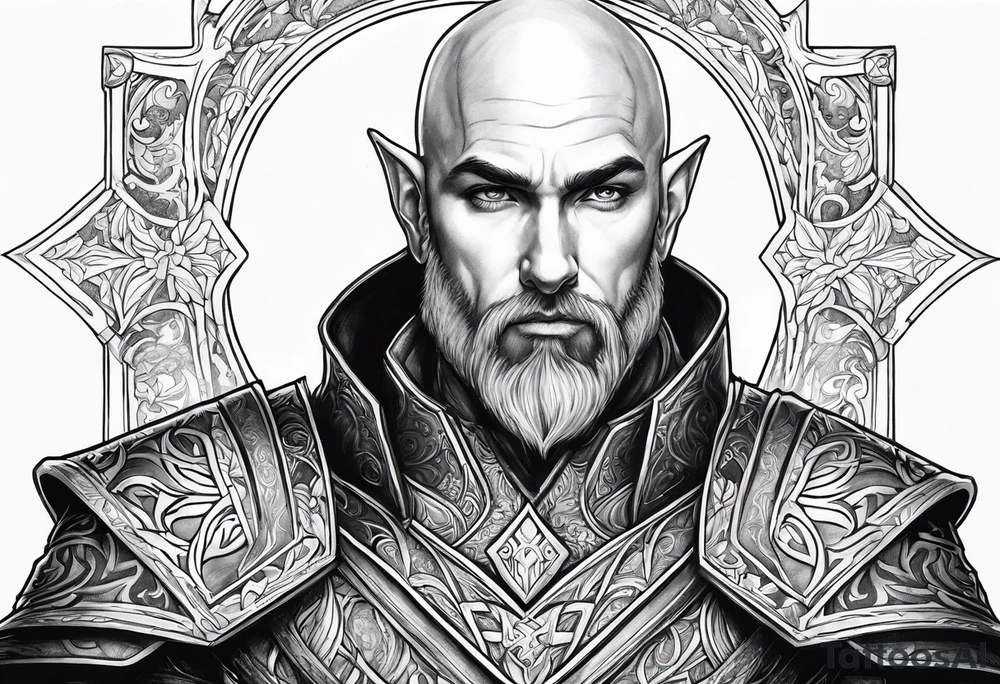 human-elf, bearded bald male, paladin, from a distance tattoo idea
