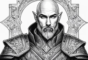 human-elf, bearded bald male, paladin, from a distance tattoo idea