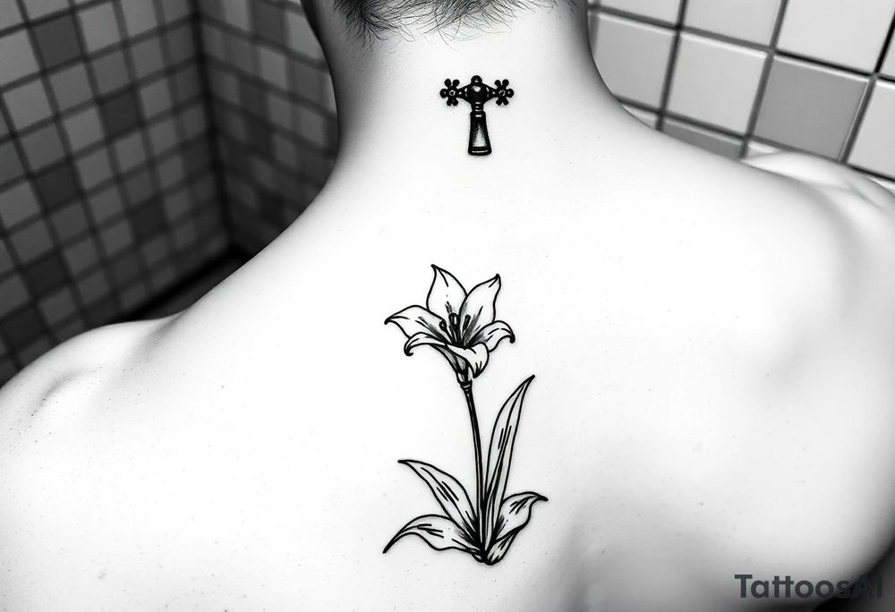 bathroom sink on tile floor with lily coming up out of the floor tattoo idea
