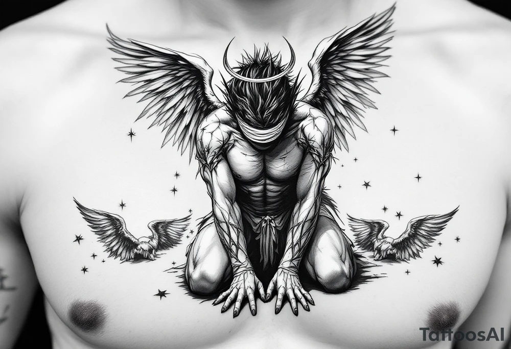 Lucifer Morningstar fallen angels on knees down head looking nonsense dropped hands on ground, 
Blindfold,
While his gratful wings scattered in the sky,
With shining halo tattoo idea