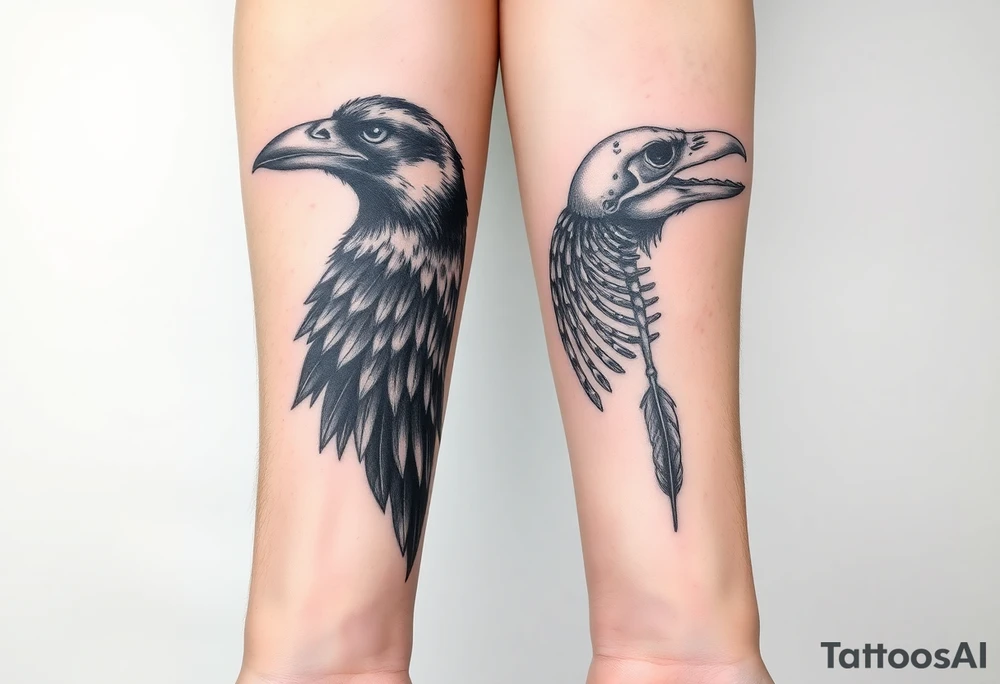 Double forearm tattoo with one normal crow head and the other forearm with a skeleton of a crows head. Each arm having feathers not attached to crows and a moon joining in the middle of both forearms tattoo idea