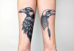 Double forearm tattoo with one normal crow head and the other forearm with a skeleton of a crows head. Each arm having feathers not attached to crows and a moon joining in the middle of both forearms tattoo idea
