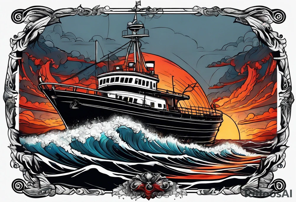 Boat in ocean of lava tattoo idea
