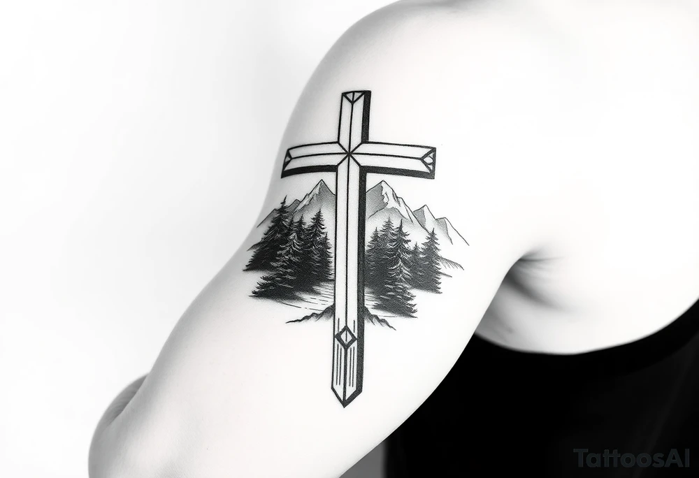 christian orthodox cross which is relatively small, with the diagonal line at the bottom with a light forrest with a light mountainous setting tattoo idea
