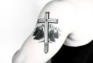 christian orthodox cross which is relatively small, with the diagonal line at the bottom with a light forrest with a light mountainous setting tattoo idea