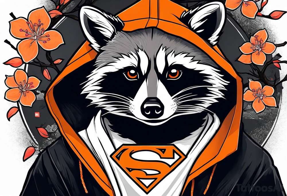 Raccoon wearing a white Superman logo on a black hoodie and orange Japanese cherry blossoms beside tattoo idea