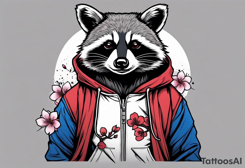 Raccoon wearing a Superman hoodie and Japanese cherry blossoms tattoo idea