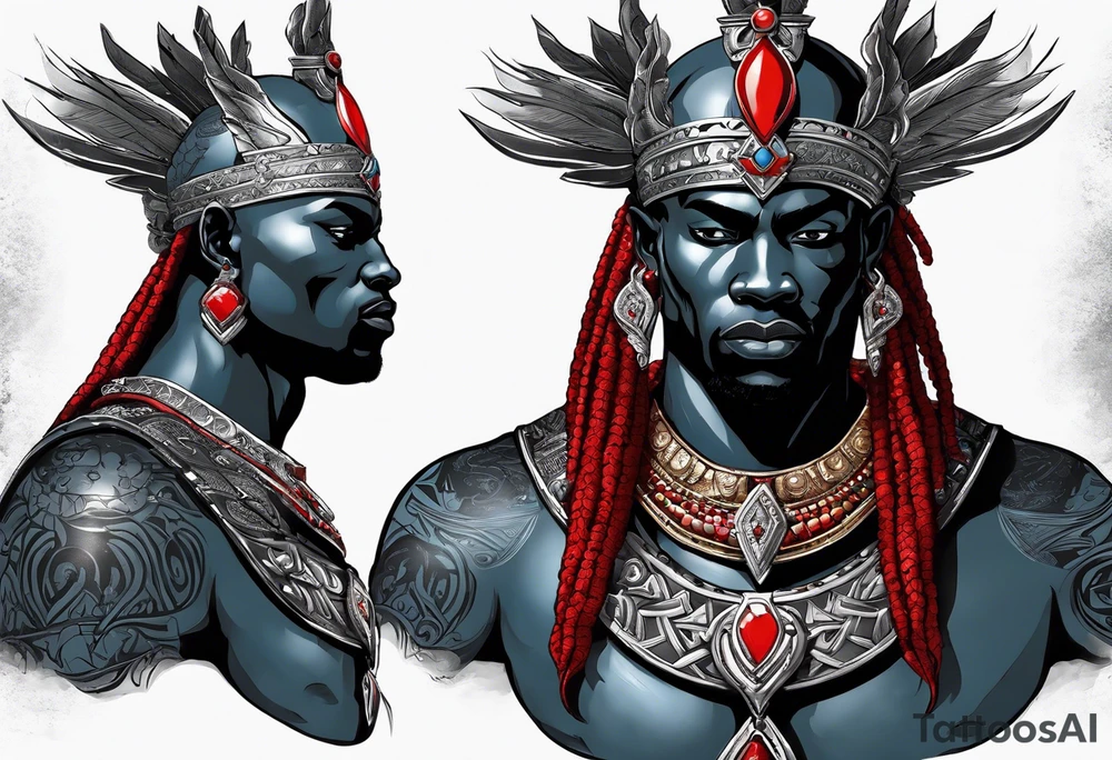 Black-skinned bald african god of war. He has a silver crown. He wears two simple necklaces: one blue, other red. Looking front tattoo idea