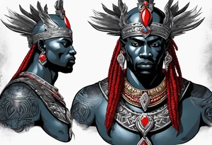 Black-skinned bald african god of war. He has a silver crown. He wears two simple necklaces: one blue, other red. Looking front tattoo idea