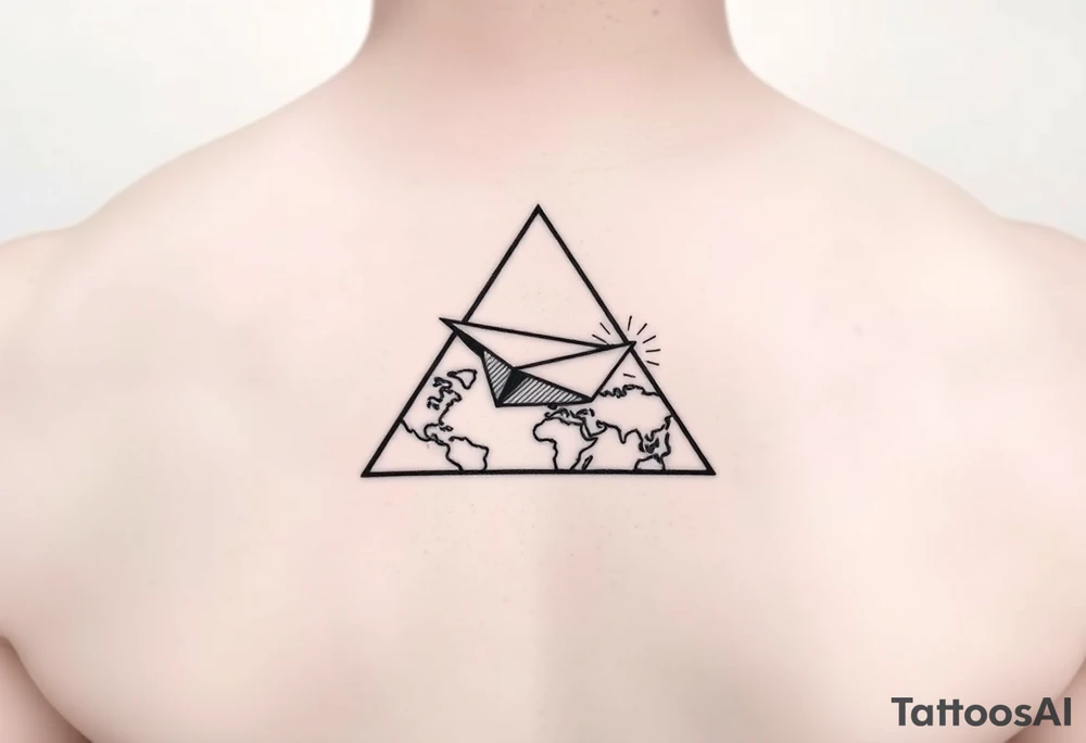Small geometric triangle with a geometric paper plane with fine thin lines flying around the world with fine thin lines tattoo idea