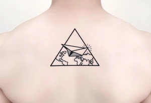 Small geometric triangle with a geometric paper plane with fine thin lines flying around the world with fine thin lines tattoo idea