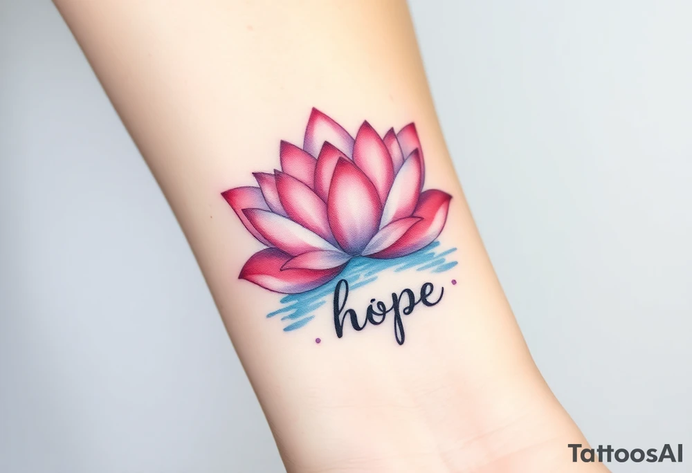 A lotus flower in soft pink and lavender hues, blooming gracefully above rippling water with word "hope" rising from water tattoo idea