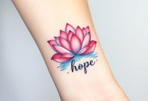 A lotus flower in soft pink and lavender hues, blooming gracefully above rippling water with word "hope" rising from water tattoo idea