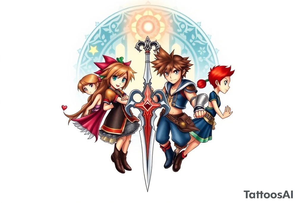 Kingdom Hearts tattoo design featuring sora, kairi, riku, donald and goofy from the game, together in a dynamic, united pose. The centerpiece should include the Heartless Keyblade, with a beautiful and ethereal Kingdom Hearts-inspired background—think glowing stars, floating islands, and stained-glass elements in backroung. The design should capture themes of friendship, light vs. darkness, and adventure. Style should be detailed, fantasy-oriented, and suitable for a large piece tattoo idea