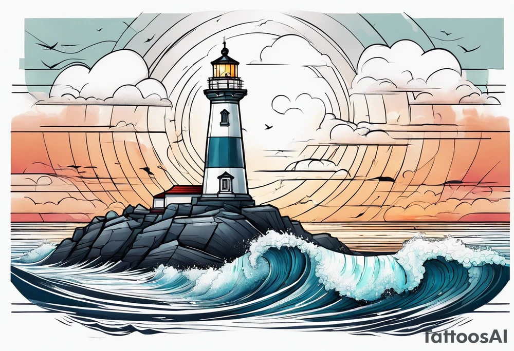 lighthouse in very fine line with a rough sea tattoo idea