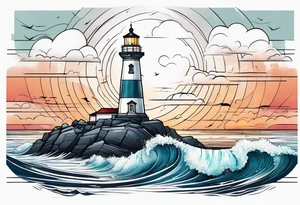 lighthouse in very fine line with a rough sea tattoo idea