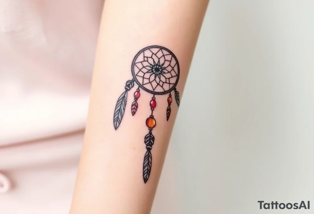 native dreamcatcher with flowing feathers and sacred beads tattoo idea