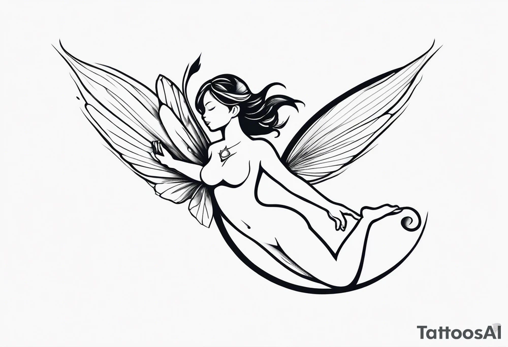 Minimalistic, monochromatic fairy with a tail flying to the left in a fetal position, leaning and looking in the same direction, with visible hands, embodying the 'Fairy Tail' logo aesthetic. tattoo idea