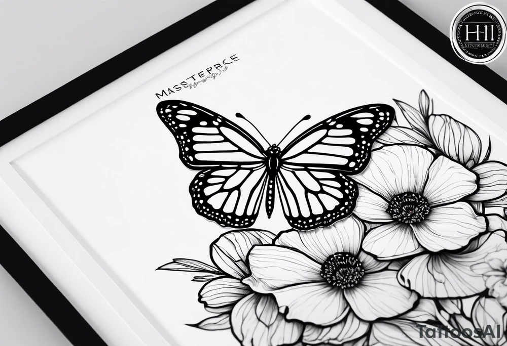 Create a black and white fine line tattoo design of a monarch butterfly, with poppy flowers exclusively inside the top halves of the wings. The butterfly’s wings should act as a frame for the flowers, clearly showing the flowers within the outline of the wings. The design should feature minimalistic and elegant lines, with intricate details on the flowers, while the bottom halves of the wings should remain simple to highlight the top sections. tattoo idea