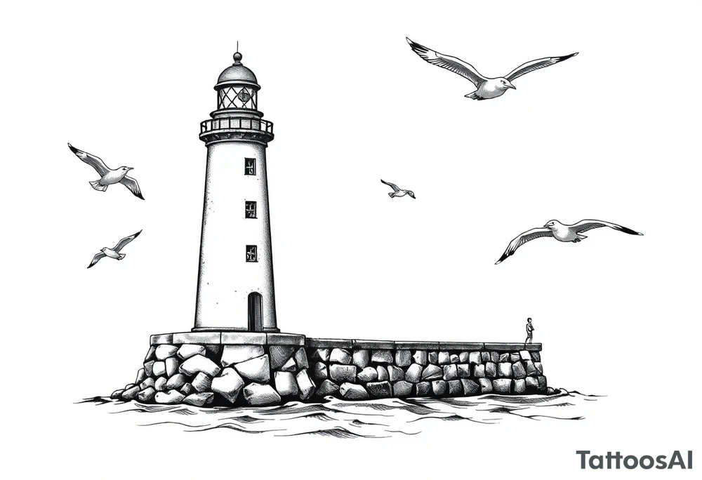 Lighthouse in the sea with jetty around flying seagulls tattoo idea