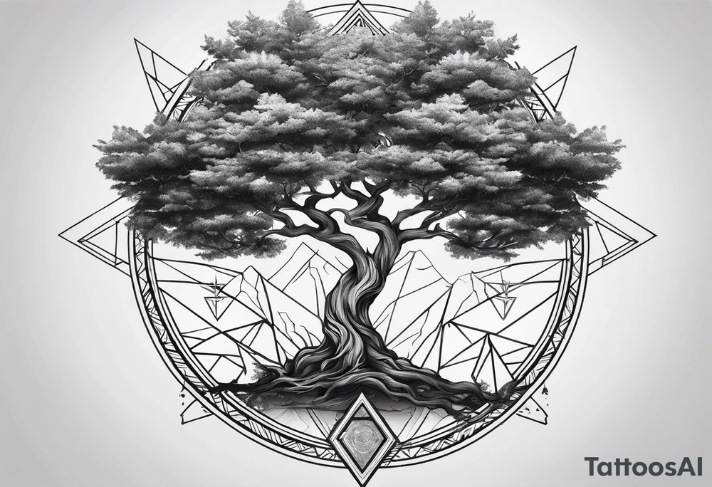 Yggdrasil tree with triangles set behind tattoo idea