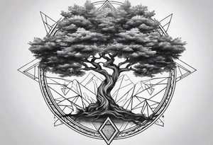 Yggdrasil tree with triangles set behind tattoo idea