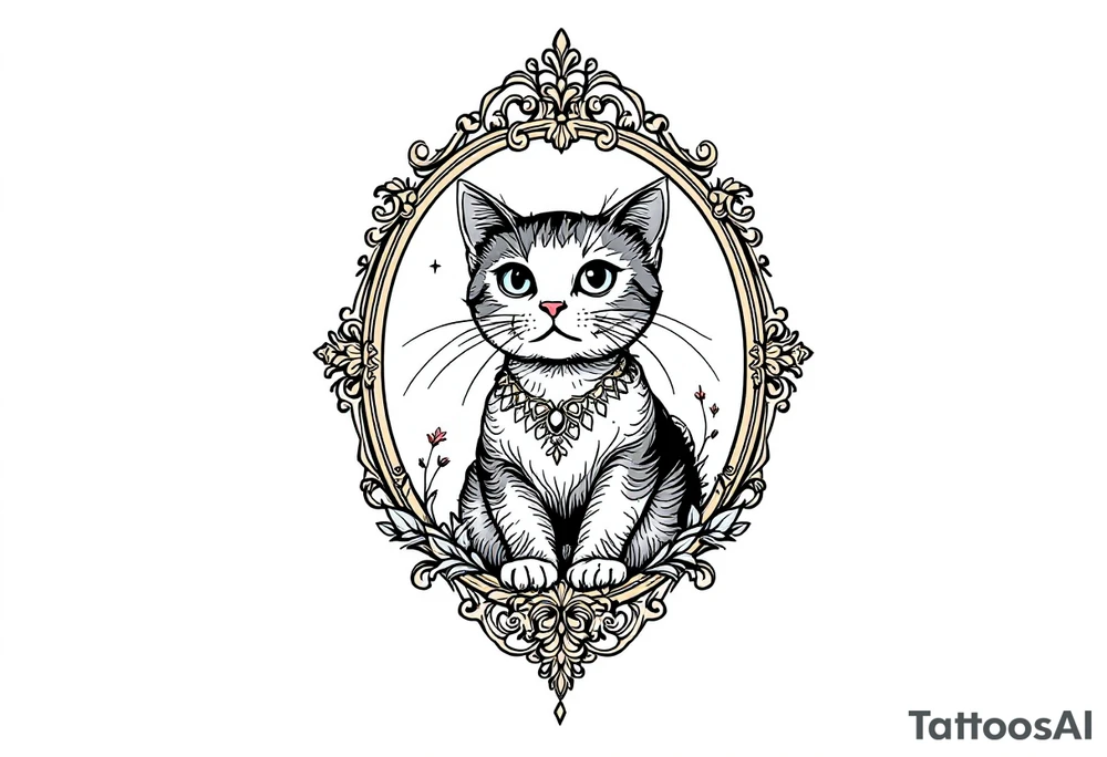 Neo traditional cat in an ornate frame tattoo idea