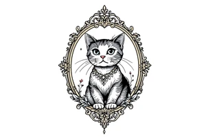 Neo traditional cat in an ornate frame tattoo idea