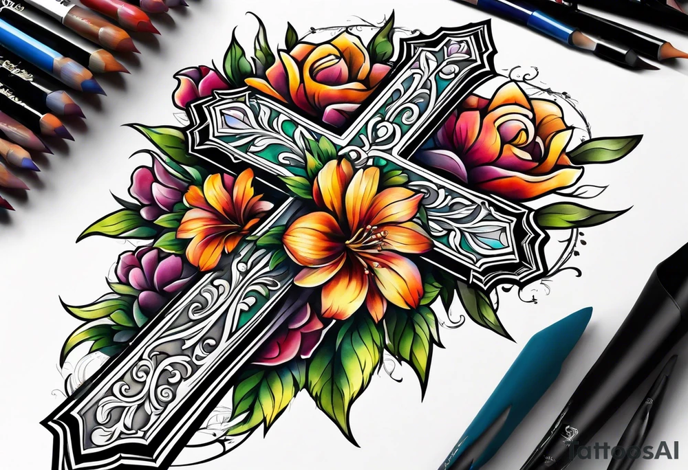 Flowers around a cross tattoo idea