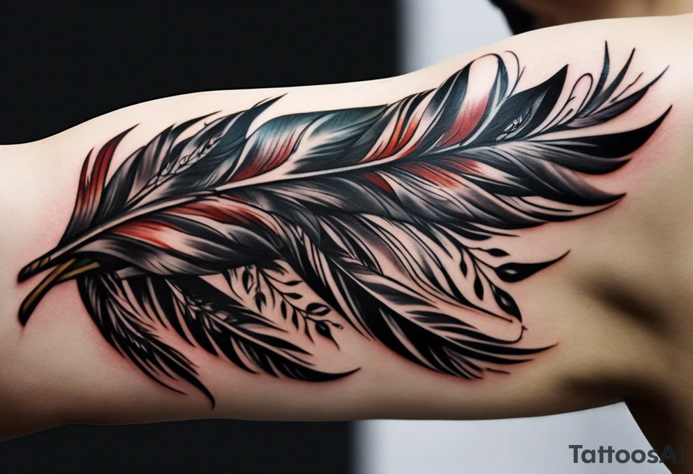 The tattoo begins on the left arm, at the elbow, where feathers are flying under the action of the wind towards the left hand. These feathers share the air space with branches that have leaves, and both elements move together up the left arm. As they approach the shoulder, some lightning appears between them. At this point, the feathers start to converge toward the left chest, where a vortex of energy reveals the head of an owl. The branches converge toward the left side of the back, passing over the shoulder. On the left side of the back, there is a dense, psychedelic element representing the energy of life's creation, with references to the earth, element, and planet. There is also a clay house in this area. tattoo idea