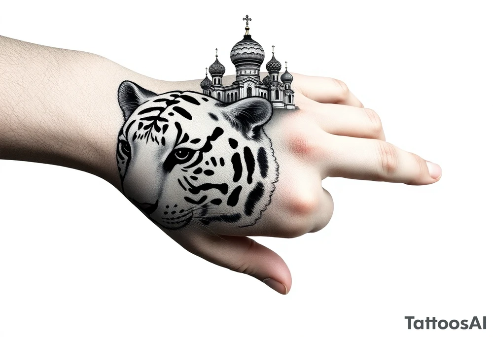 Realistic white tiger face on the back of the hand with strong contrast and fine detail with its eyes completely black. with a highly detailed Russian Orthodox cathedral sitting above on fore arm with onion domes and orthodox crosses, done in fine line, engraving-like style. Cohesive composition, black ink only, no color, high contrast, slightly aged, documentary-style, plain light background. with clouds above and a virgin mary 
spanning from my hand to lower fore arm tattoo idea