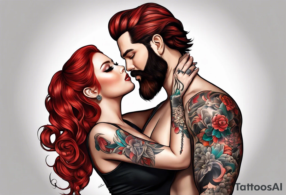 Busty red haired woman with a bearded man who has black hair tattoo idea