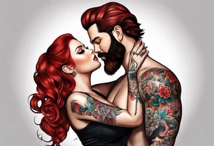 Busty red haired woman with a bearded man who has black hair tattoo idea