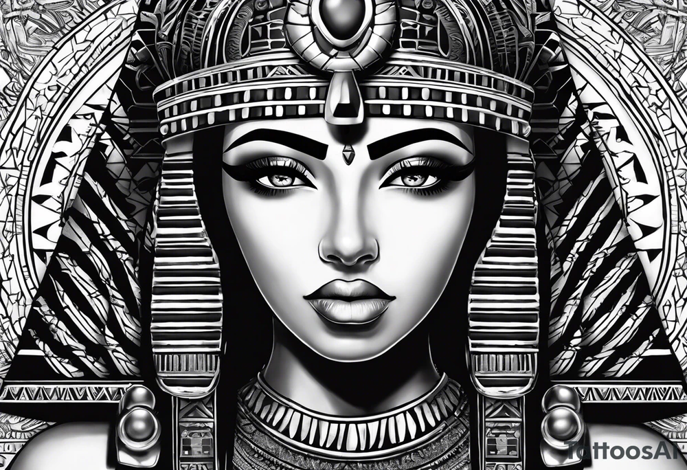 Egyptian figure girl. The figure should be full, featuring a regal headdress and detailed facial markings reminiscent of ancient Egyptian art. Include mystical and symbolic elements such as the Eye of Horus and ankh, blending subtly with geometric background patterns. 
Hyperrealism tattoo idea