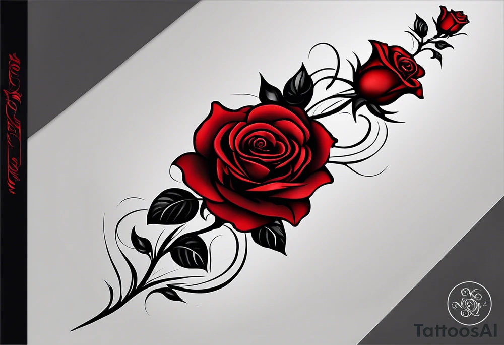 this is a long vertical tattoo for my whole shin. two roses with their stems intertwined, one rose should have thorns and only one main rose, the second rose should be thornless but have multiple flowers on it. I want a long stem to shower them intertwined tattoo idea